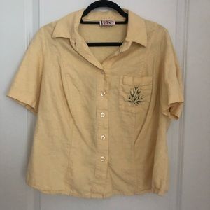 Cropped Linen Embroidered Shirt, Yellow, M